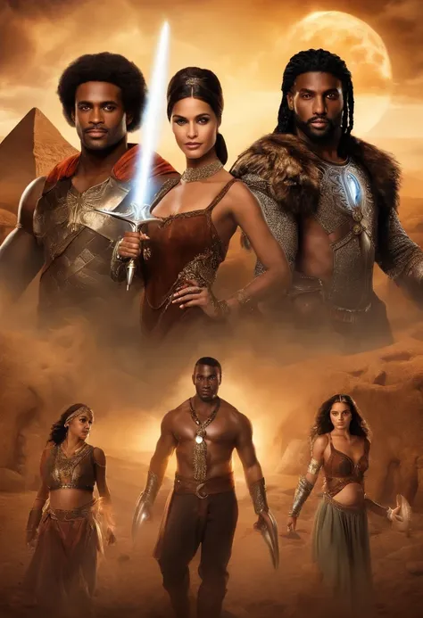 In a celestial landscape, four people dressed luxuous, differents faces, they are all darkskin, (((young, in 20s))) (((two brown skin men and two brown skin woman))), (((two young brown skin long dark hair duke:1.3))), (((one brown skin dark hair pregnant1...