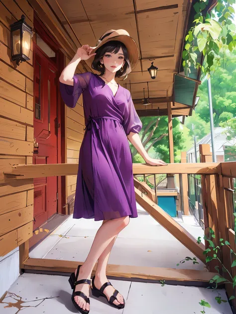 araffe woman in a purple dress and hat standing on a porch, vine dress, full pose, simple dress, organic dress, purple dress, full body photogenic shot, 3 / 4 pose, maroon red, flattering photo, soft silk dress, elegant pose, satisfied pose, pose 4 of 1 6,...