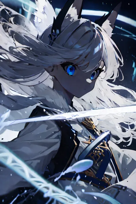 Girl, blue eyes, fox ears, long white hair, blue lightning, sword