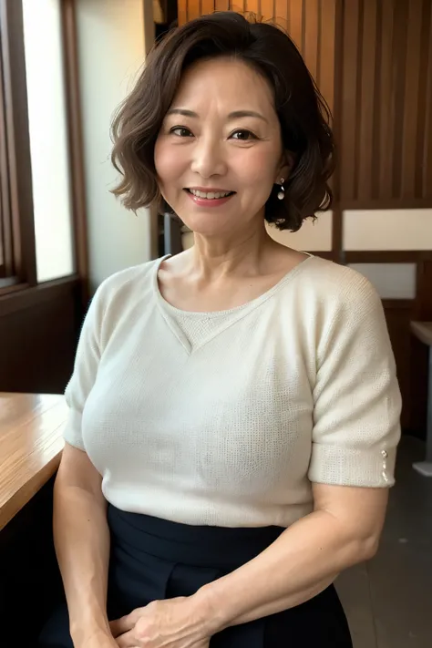 Osakas aunt、Organic Photography、highest quality、masterpiece、Ultra-high resolution、Beautiful Japanese old lady、60 years old、Looking at the audience、Elegant face、Toothy smile、Big Breasts、Wearing a plain short-sleeved knit、Short perm hair、mini skirt、Earrings、...