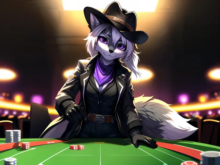 fox, female, solo, white hair, ponytail, ((grey fur)), (purple eyes), covered breasts, ((black gambler clothes)), (((large cowbo...