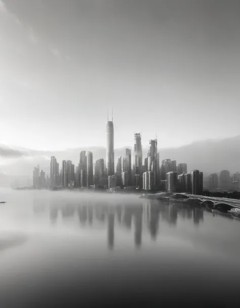 A monochrome, black-and-white photograph of a modern cityscape emerging from dense, low-lying clouds. The skyline features a mix of contemporary high-rise buildings and skyscrapers, with one distinctively tall, cylindrical tower at the center. The fog enve...