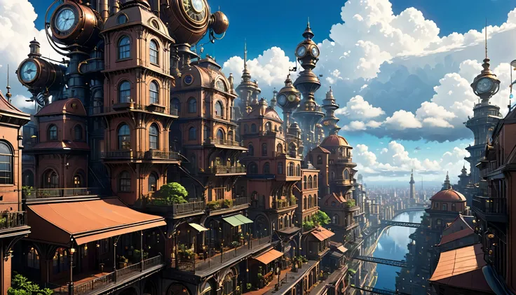 Super detailed, Attention to detail, high quality, 8k, Miyazaki Style, A steampunk-inspired city in the sky, Clouds and diverse architecture, Exuding mystery and technology --v 6