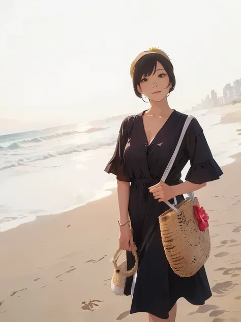 woman in a dress and straw hat on the beach with a straw bag, at beach at sunset, with sunset, in style of lam manh, in the beach, nivanh chanthara, profile pic, xintong chen, standing near the beach, at a beach, straw, posing on a beach with the ocean, on...