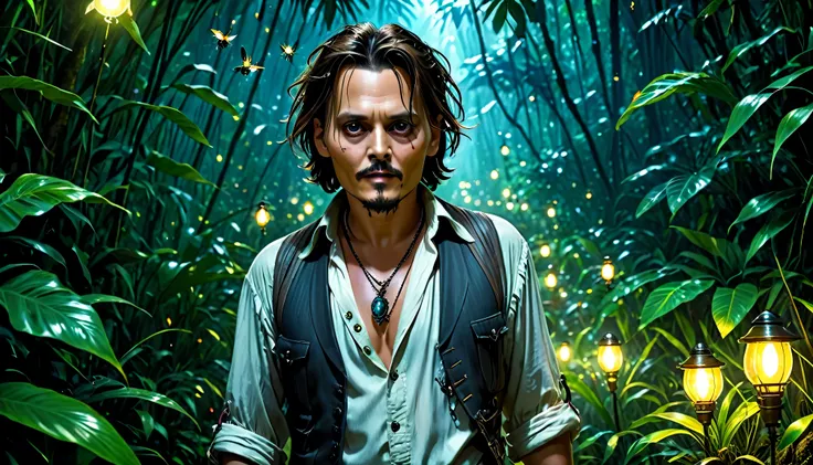 masterpiece, Johnny Depp walking through a jungle at night with fireflies dancing, (High detail:1 1), rough face, Natural Skin, high quality, Browsing Caution, Beautiful Eyes, (detailed face and eyes), (face: 1 2), noise, Extra, Actual photo, PSD, Lamp Fil...