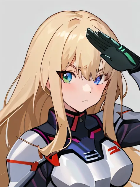 Army girl in cyber armor, with one blue eye and one green eye pretty face with long blonde hair Li Shida, style of ssss.gridman (2018), Saluting
