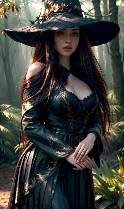 A forest witch detailed beautiful(The forest witch should have a wild, untamed appearance, with long, flowing hair and dark, piercing eyes. Her clothing should be made of natural materials, such as animal skins or leaves, and adorned with symbols of nature...