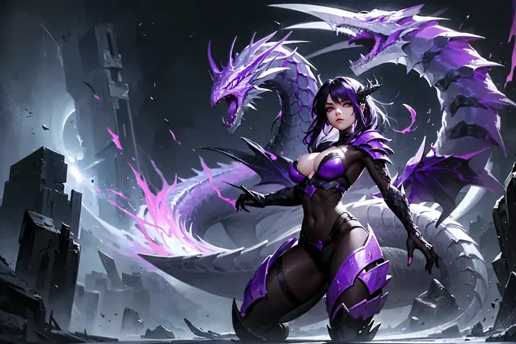 A girl fused with a dragon. image color is black. Purple hair. Bikini armor. A dragons neck from her shoulder. Scaly armor.