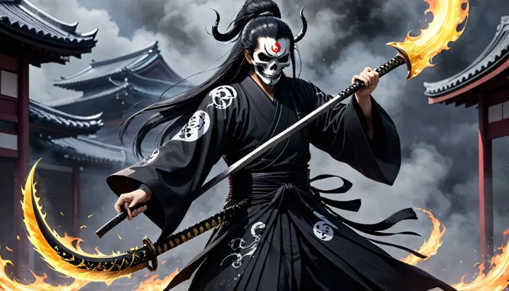 male, Holding a black sickle emblazoned with a symbol of Japan signifying death, Black flames emerge from the decoration., The sickle blade comes out of it.、A black wind blows with the ghost of a skull, Judy male with perfect face and scythe is wearing the...