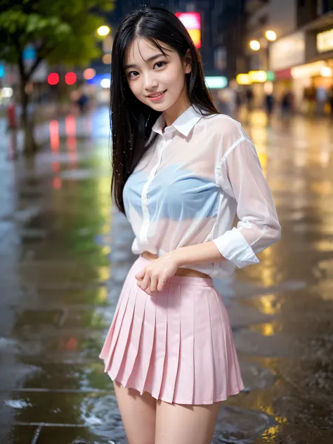 (Best-quality, Masterpiece, Ultra-High-Resolution, (Photorealistic:1.4), Raw Photo, depth of field, professional lighting, perfect anatomy, extremely details), 1girl, 15-years-old, the most famous Japanese idol, innocent smile, cowboy shot, (((standing on ...