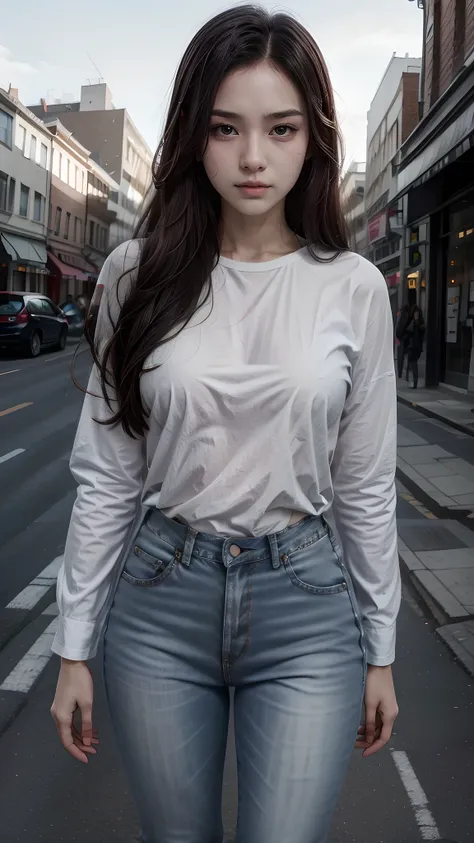 one person with long hair, jeans, bent shirt, front sky