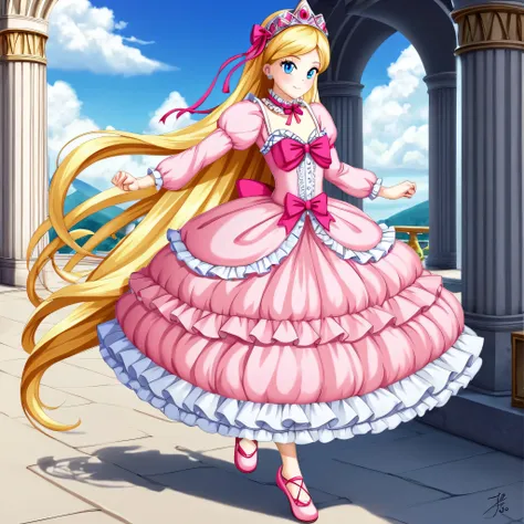 ,highest quality, masterpiece, highest resolution, artwork, 3K realistic photos,,((10 year old little girls)),Super detailed baby face,both are princesses,Full length ball gown dress with hoop skirt,ruffled yoke collar,Detailed braided ribbon on chest,puff...