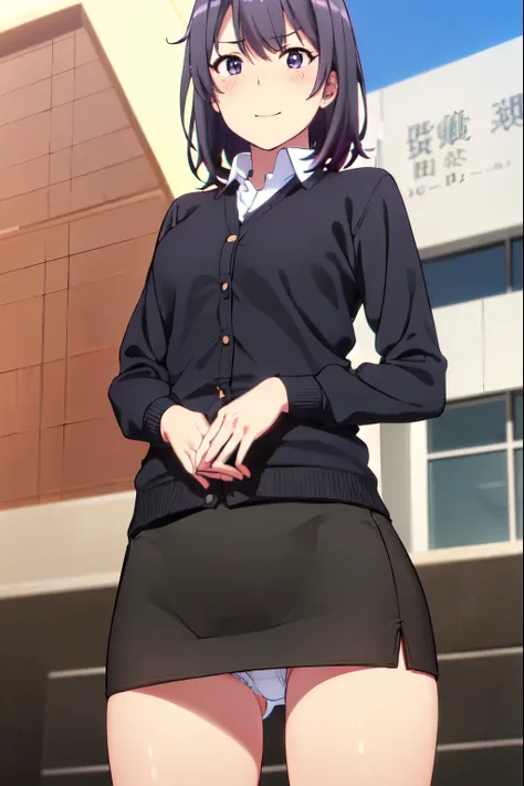 harunoyukinoshita, haruno yukinoshita, short hair, Hair between the eyes, (black目:1.5), black髪, Gradient Hair, Two-tone hair, Purple Hair, ３０Attractive woman in her teens,
break shirt, whiteのシャツ, Collared shirt, cardigan, black_open_cardigan,
break outdoor...