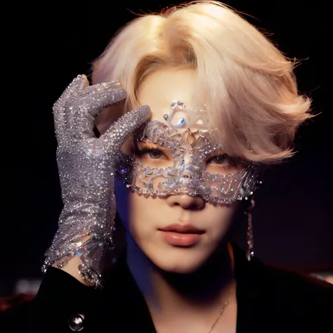 a close up of park jimin wearing mask and gloves, park Jimin, Jimino nariz grego, Jimin, wearing a mask adorned with jewels, Jiminthe full lips, Jiminthe right eyelid is swollen, park jimin, accurate Jimin face