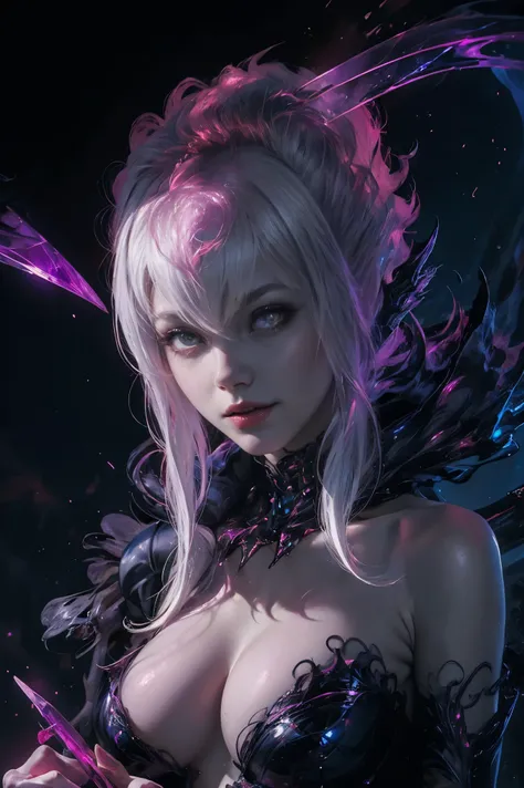 best quality, masterpiece, extremely detailed, anime, Evelynn_Default, slit_pupils, glowing_eyes, black_sclera, white_hair, smug face, all body,  out