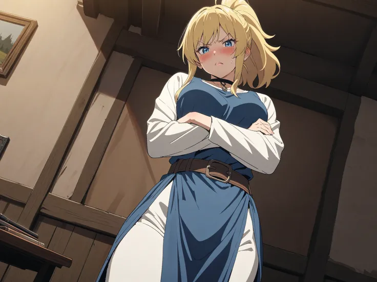 {{cowboy shot, dutch angle}} {{Artist: Sincos}} 1girl, solo, toned female, mature female, medium breasts, blonde hair, medium hair, short ponytail, high ponytail, blue eyes, lips, blue tunic, white sleeves, white pants, leather belt, yandere, scowl, blush,...