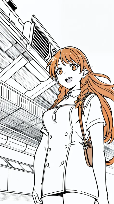 (((1girl,solo,25 years old))),tiger ears,long hair,(twin braids),orange hair,casual outfit,(white background,line drawing),leaning forward,from front,open mouth,smile,backpack,outstretched hand,from below,upper body,(in a train station)