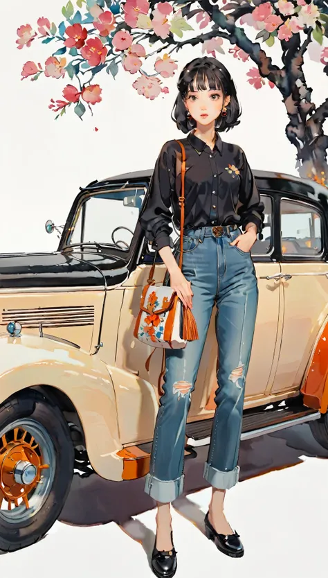 (((paper cutting style))), 1 girl, short black long hair, straight hair, shirts and denim, classic vintage car