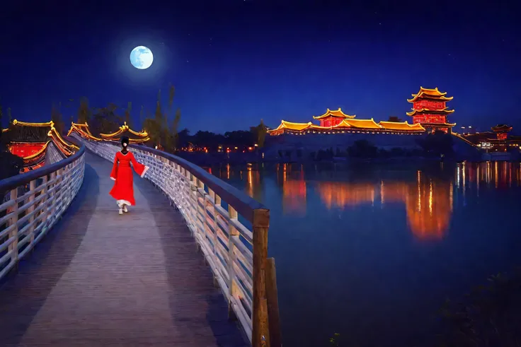 Girl in red walking on the bridge at night, blue sky white moon chinese architecture, Guangjian, Dreamy Chinatown, girl, night, Tang Dynasty Palace, Chinese Palace, Beautiful rendering of the Tang Dynasty, 1 illuminated bridge across the river, Magical col...