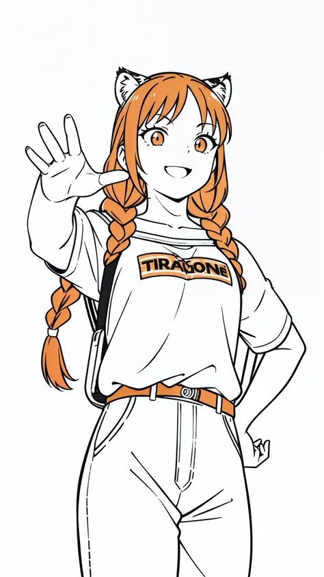 (1girl,solo,25 years old),tiger ears,long hair,(twin braids),orange hair,casual outfit,(white background,line drawing),from front,open mouth,smile,backpack,outstretched hand,from below,upper body,