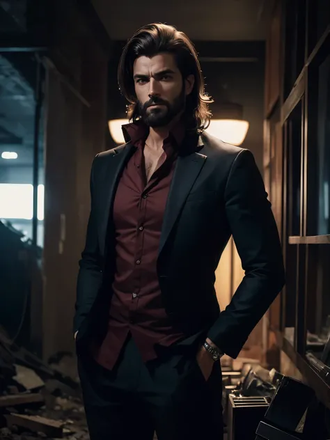 Imagem de um homem jovem em roupas formal vermelho escuro com cabelos longos, barba rala e olhar cansado, melancholic man with distant look, homem com um terno escuro de barrista, Ruined construction, handsome man in a destroyed and dark place at night, vi...