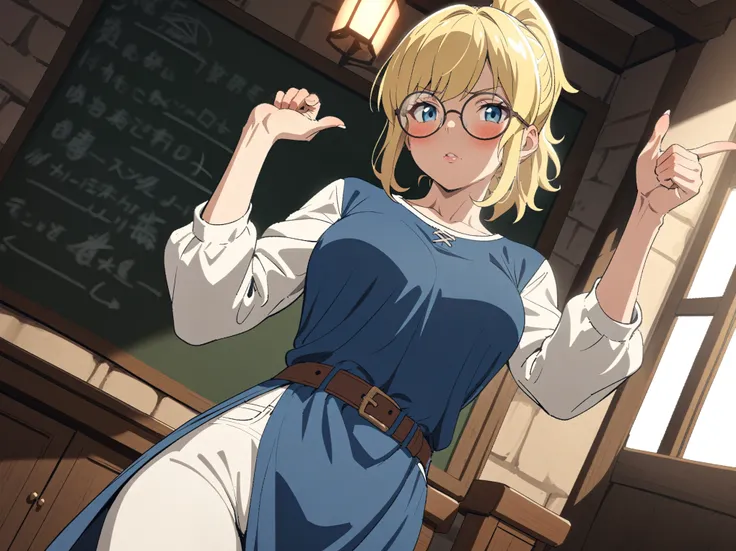 {{cowboy shot, dutch angle}} {{Artist: Sincos}} 1girl, solo, toned female, mature female, medium breasts, blonde hair, medium hair, short ponytail, high ponytail, blue eyes, lips, blue tunic, white sleeves, white pants, leather belt, round eyewear, glasses...