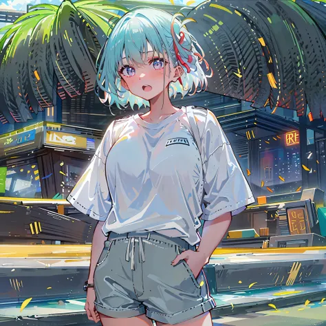 8K resolution、((top-quality))、((masterwork))、((ultra-detailliert))、1 woman、solo、incredibly absurdness、Oversized  T-shirt’s 、ocean、plein air、Sateen、neons、Shortcut Hair、lights green Hair Brightly colored eyes、Hands in pockets、shortpants、really cute 、summer