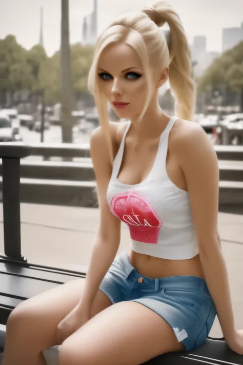 blond woman with ponytail sitting on bench in urban area with city skyline in background, beautiful blonde girl, blonde girl, ultra realistic picture, a gorgeous blonde, blonde woman, beautiful blonde woman, perfect white haired girl, anna nikonova aka new...