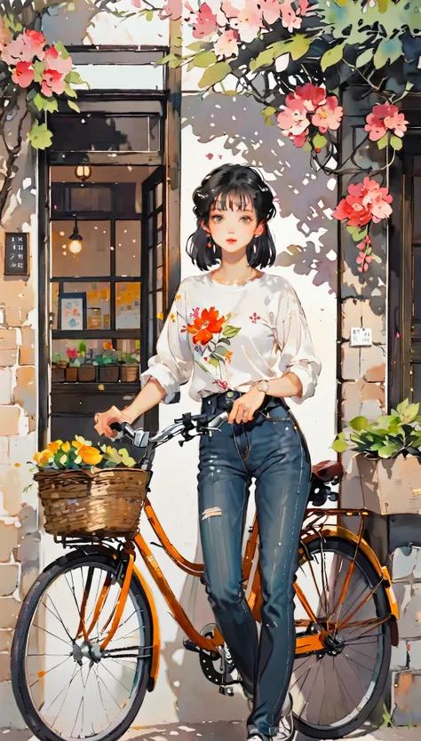 (((paper cutting style))), 1 girl, short black long hair, straight hair, shirts and denim, bicycle