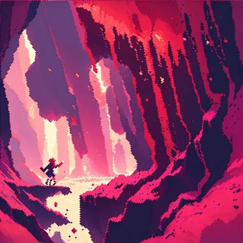 a  with short, reddish hair running to reach a cherry (pixel art), in a celestial cave