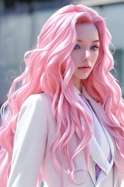 Woman, long wavy hair, pink hair, blue eyes, wearing suit, white suit, chic, salon, people in background