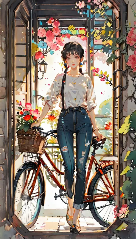 (((paper cutting style))), 1 girl, short black long hair, straight hair, shirts and denim, bicycle