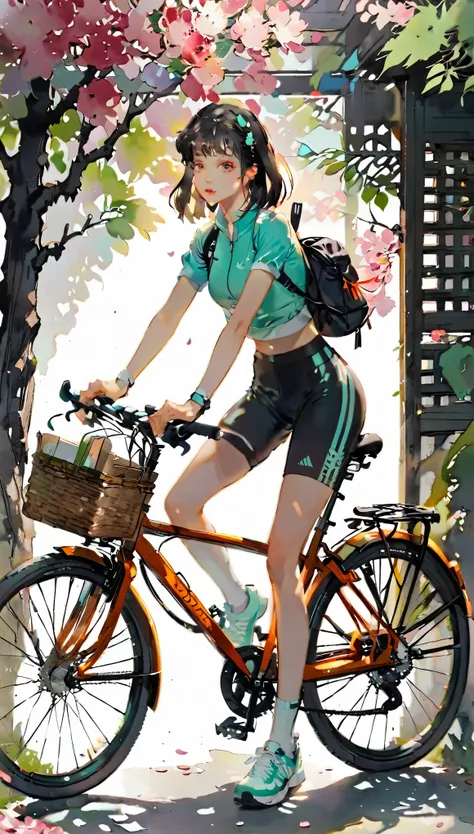 (((paper cutting style))), 1 girl, short black long hair, straight hair, sporty wear, bicycle