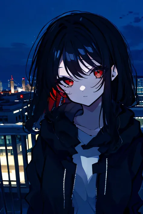 Girl, red eyes, long curly black hair, , city, night, rooftop