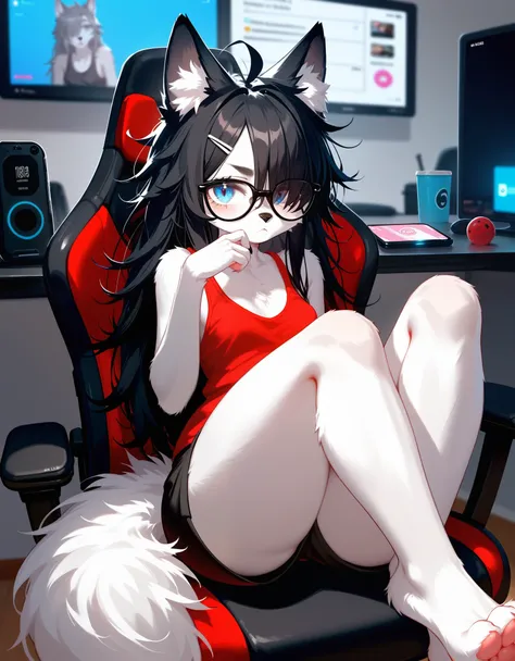 score_9,score_8_up,score_7_up, a young nerdy Anthro furry wolf girl, white furry body, tall, awkward, long black messy hair, hair covering one eye, long black hair, blue eyes, black glasses, thick thighs, small breasts, wearing loose red tank top, black sh...