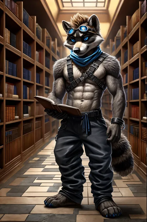 teen furry, furry, teenager, raccoon, grey body, brown spiked hair, detailed eyes, Detailed body fur, long blue scarf, leather_harness, blue_breechcloth, goggles, masterpiece, gray body, Detailed face, big eyebrows, blue eyes, detailed eyes, No muscles, De...