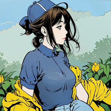 blue baseball hat、Black Hair、ponytail、Big Breasts、Blue polo shirt、Girl、profile、Upper Body、garden、sunny