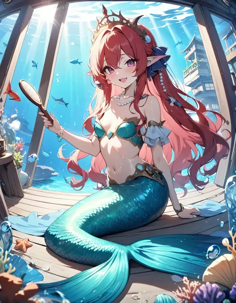 (best quality,4k,8k,highres,masterpiece:1.2),ultra-detailed, Pretty 15 years old princess magically transformed into a beautiful mermaid, race swap, fantastic transformation, none human, steampunk, fish like, wet body, dominant shades of red, surrounded by...