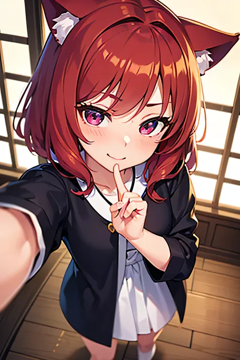 (Higher resolution) A girl of the best quality, maki nishikino, masterpiece, highly detailed, anime , japanese with short hair, red hair, purple eye, 15 years old, young, teenage girl, cute clothes, cat ear, home, selfie, blushing facial expressions, smile...