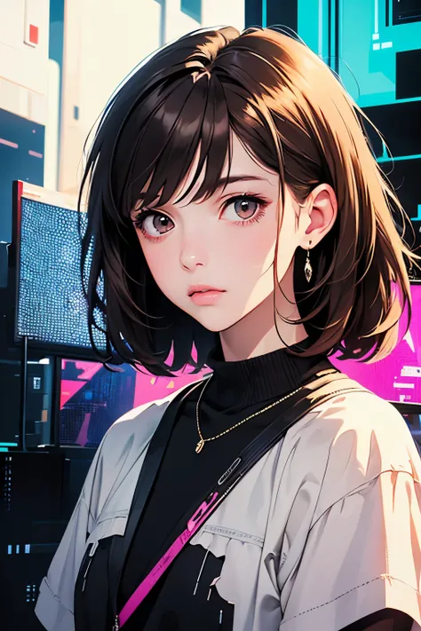 (masterpiece, highest quality, highest quality, Official Art, beautifully、aesthetic:1.2), 1 female, Brown Hair, 50 year old madam, (Glitch Art), (Digital Distortion), Pixelated Fragments, Data Corruption,Colorful Noise, Visual clutter,Modern aesthetics