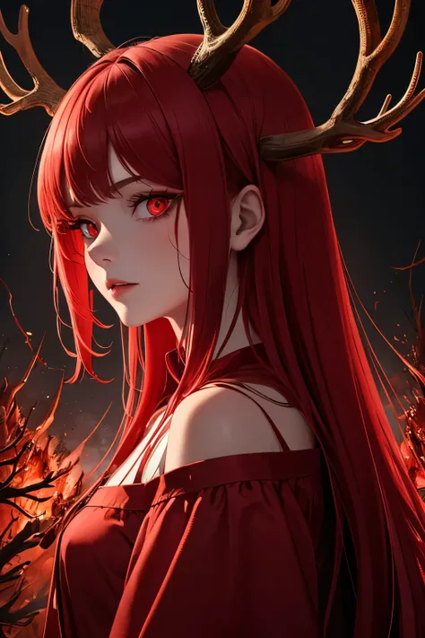 dark, unholy, evil, astral, creepy style, undead, rotting skin, mystical, nice perfect face with soft skin, young beautiful girl portrait on fire, red smoke, mist, night, red clothes short red hair, antlers glowing red eyes, from side, light red glow, void