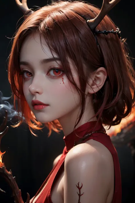 dark, unholy, evil, astral, creepy style, undead, rotting skin, mystical, nice perfect face with soft skin, young beautiful girl portrait on fire, red smoke, mist, night, red clothes short red hair, antlers glowing red eyes, from side, light red glow, void