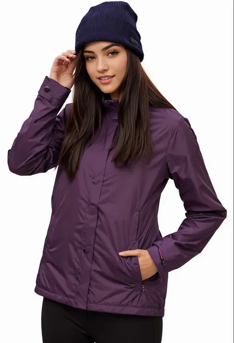 a woman wearing a jaqueta roxa and a black hat, capa de chuva roxa, jaqueta roxa, roupas de caminhada, f / 2 0, f/2, f / 2, foto de perfil, roupas esportivas, prana, roupas roxas escuras, violet, sanctuary, f / 3, a purple jacket, cásdia, roupas encharcada...