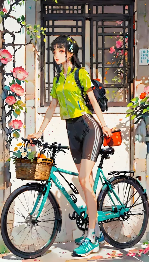 (((paper cutting style))), 1 girl, short black long hair, straight hair, sporty wear, bicycle, side view