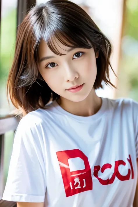 Close up of woman in t-shirt posing for photo, Middle metaverse, Yoshitomo Nara, Japanese Models, Beautiful Asian Girl, With short hair, 2 4 years old female model, 4 k ], 4K], 2 7 years old, sakimichan, sakimichan