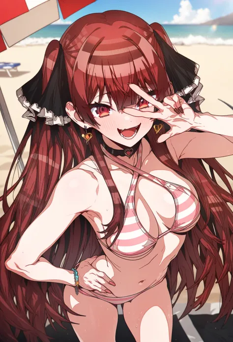 houshou_marine, Artist, erere, Copyrights, idolmaster, idolmaster_shiny_colors, Character, General, 1girl, red_hair, blunt_bangs, blush, large_breasts, breasts, smile, brown_eyes, censored, long_hair, striped bikini, pink_bikini, frilled_bikini, navel, ope...