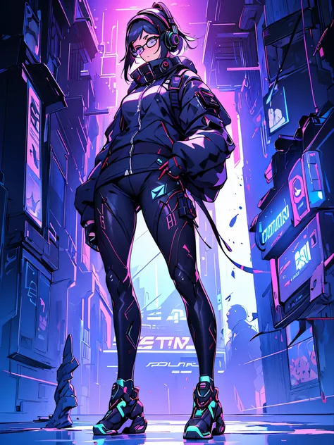 a woman with headphones next to a robot, corpo inteiro, olhando para cima, cyber glasses, boca meio aberta, Dark sky with clouds, (((a garota tem cabelos curtos brancos, tenis tech, e partes cyberpunk))), arte cyberpunk de Jason A. English, sociedade cg, r...