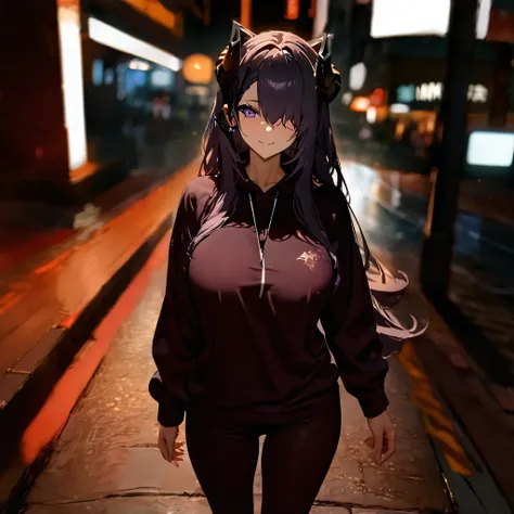 a woman wearing a dark purple sweatshirt with details of a dragon on the sweatshirt, horns, with a headset over her neck, dark p...