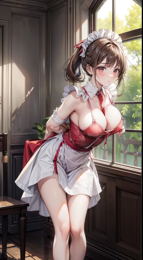 ((masterpiece, highest quality)), (1 girl), suspension,Down, rope, maid dress, tied arms, indoors, bondage, shibari, turn your arms behind your back, restrained, abdomen, leaning forward, feet, brown hair, big breasts, (maid),Two-dimensional beautiful girl