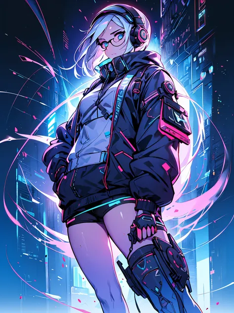 a woman with headphones next to a robot, corpo inteiro, olhando para cima, cyber glasses, boca meio aberta, Dark sky with clouds, (((a garota tem cabelos curtos brancos, tenis tech, e partes cyberpunk))), arte cyberpunk de Jason A. English, sociedade cg, r...